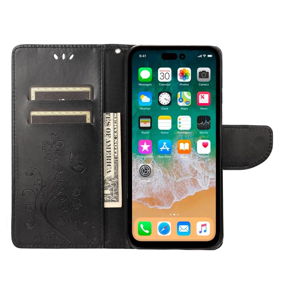 For iPhone 14 Pro Max 6.7 inch Imprinted Butterflies Flower Leather Mobile Phone Case Wallet Stand Phone Cover Bag - Black - 2