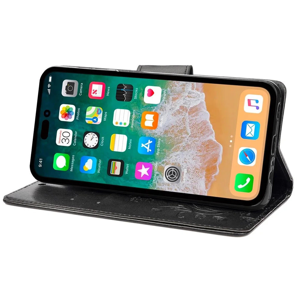 For iPhone 14 Pro Max 6.7 inch Imprinted Butterflies Flower Leather Mobile Phone Case Wallet Stand Phone Cover Bag - Black - 3