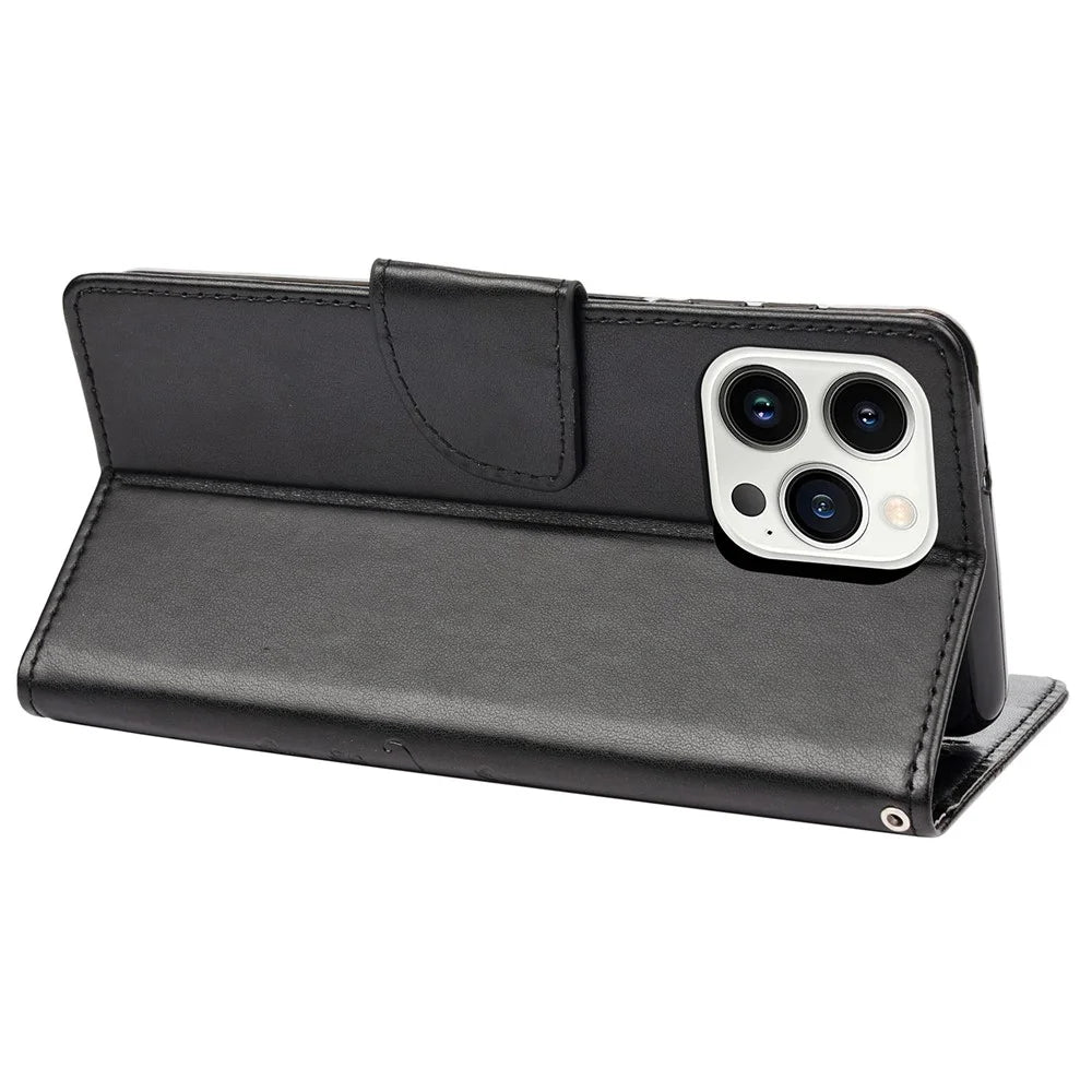 For iPhone 14 Pro Max 6.7 inch Imprinted Butterflies Flower Leather Mobile Phone Case Wallet Stand Phone Cover Bag - Black - 4