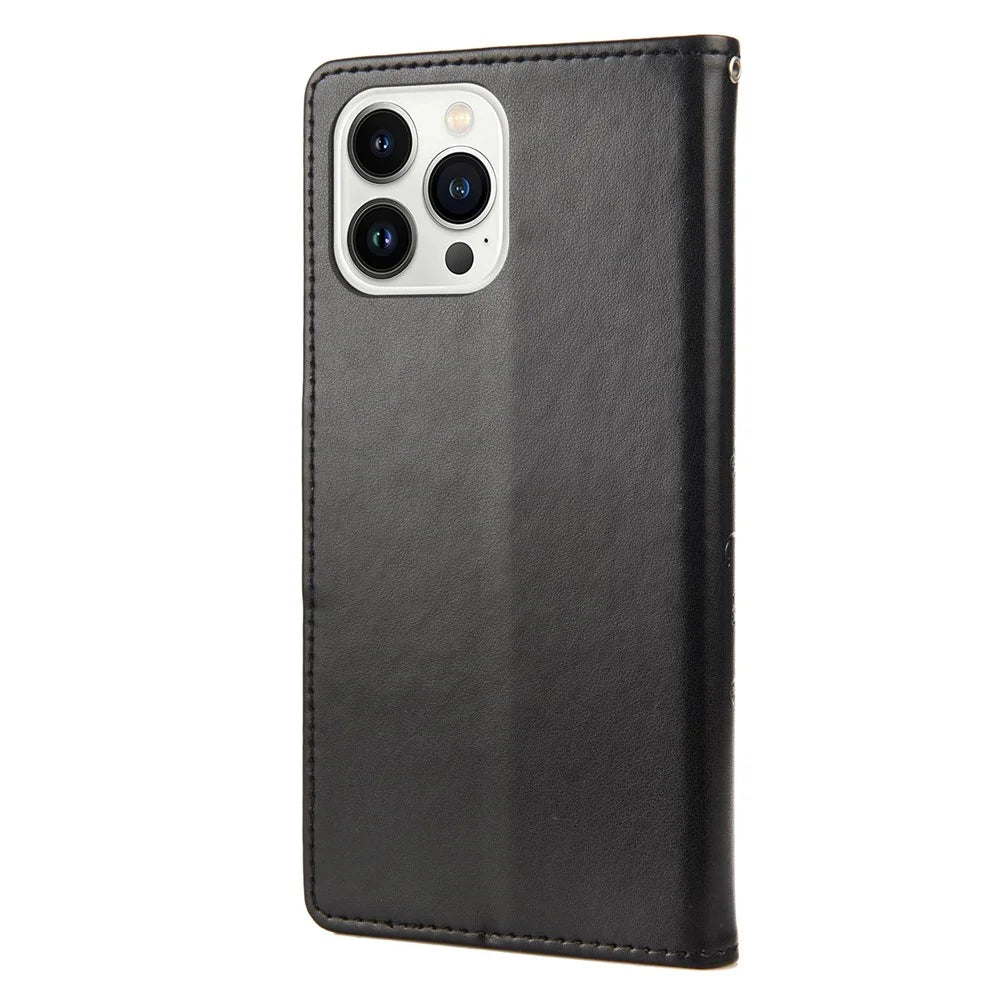 For iPhone 14 Pro Max 6.7 inch Imprinted Butterflies Flower Leather Mobile Phone Case Wallet Stand Phone Cover Bag - Black - 7