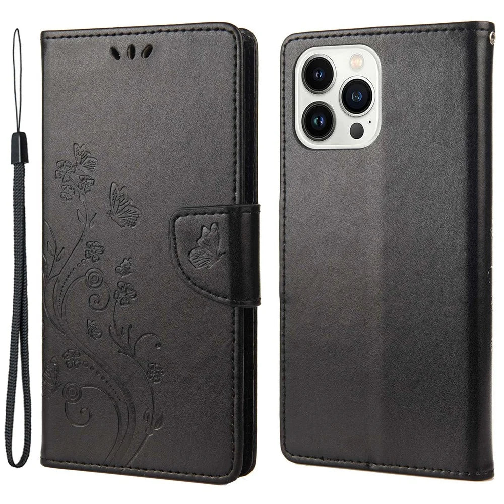 For iPhone 14 Pro 6.1 inch Anti-fingerprint Imprinted Flower Butterflies Leather Mobile Phone Case Wallet Stand Cover - Black - 1