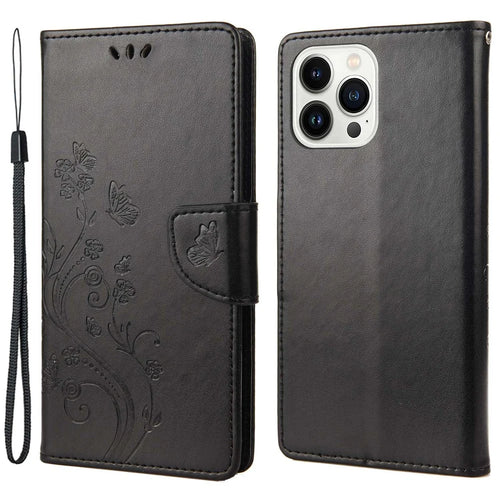 For iPhone 14 Pro 6.1 inch Anti-fingerprint Imprinted Flower Butterflies Leather Mobile Phone Case Wallet Stand Cover - Black - 1