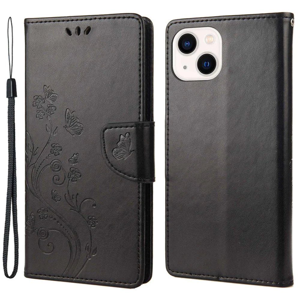 For iPhone 14 6.1 inch Smartphone Shell Imprinted Butterflies Leather Mobile Phone Case Wallet Stand Covering - Black - 1