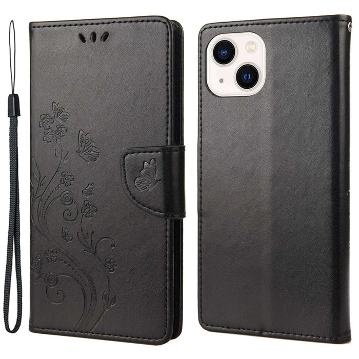 For iPhone 14 6.1 inch Smartphone Shell Imprinted Butterflies Leather Mobile Phone Case Wallet Stand Covering - Black - 1