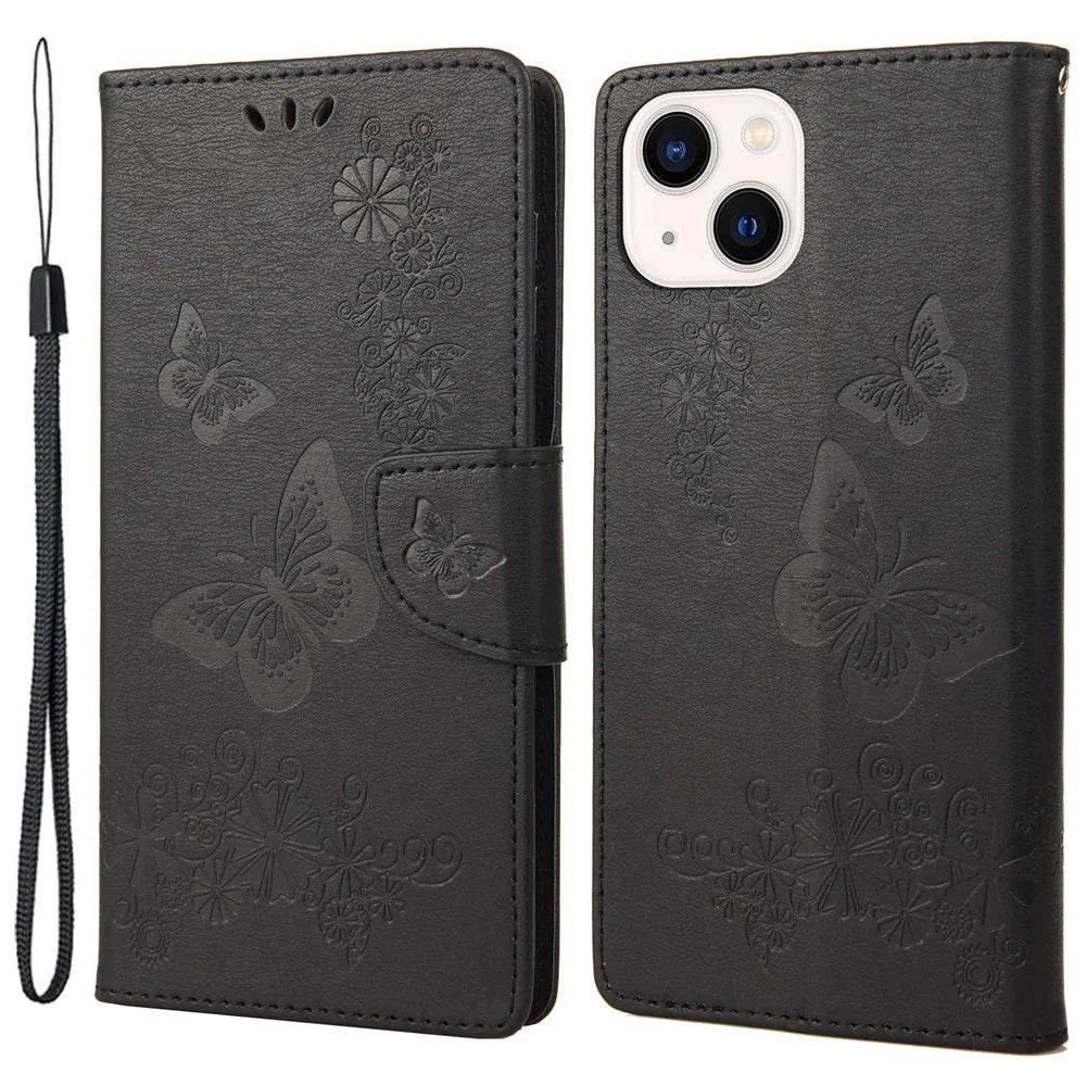 For iPhone 14 Plus Dustproof Phone Cover PU Leather Big Butterflies Flower Pattern Imprinting Wallet Case with Strap - Black - 1