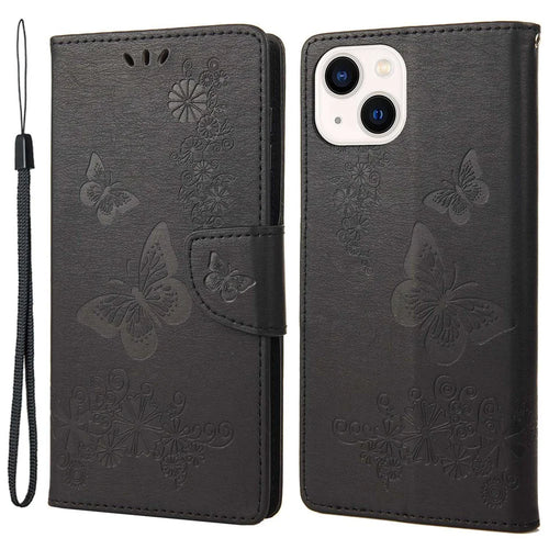 For iPhone 14 Plus Dustproof Phone Cover PU Leather Big Butterflies Flower Pattern Imprinting Wallet Case with Strap - Black - 1