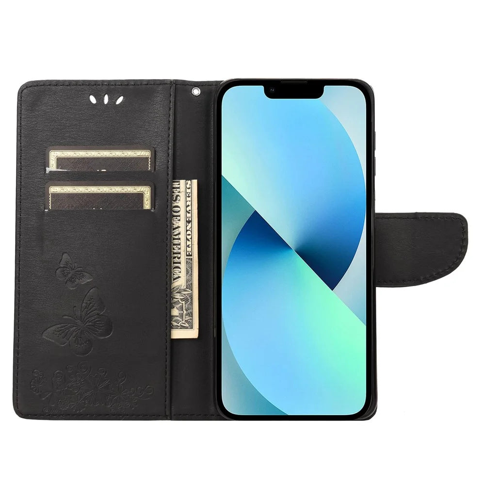 For iPhone 14 Plus Dustproof Phone Cover PU Leather Big Butterflies Flower Pattern Imprinting Wallet Case with Strap - Black - 2