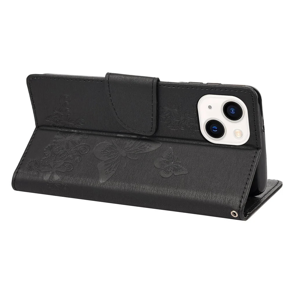 For iPhone 14 Plus Dustproof Phone Cover PU Leather Big Butterflies Flower Pattern Imprinting Wallet Case with Strap - Black - 4