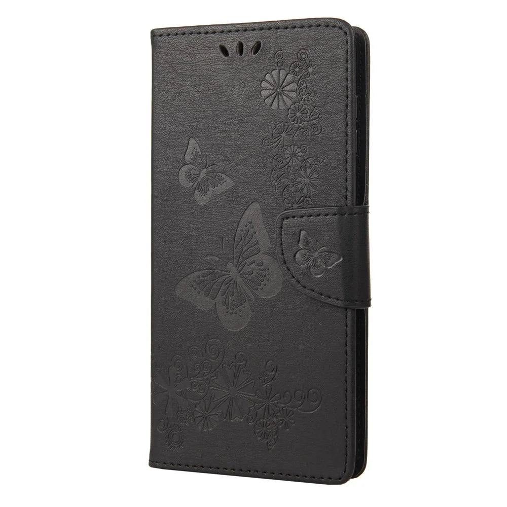 For iPhone 14 Plus Dustproof Phone Cover PU Leather Big Butterflies Flower Pattern Imprinting Wallet Case with Strap - Black - 6