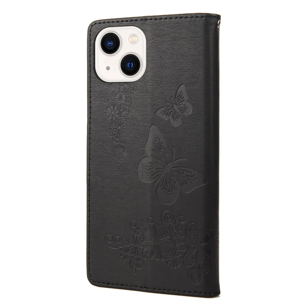 For iPhone 14 Plus Dustproof Phone Cover PU Leather Big Butterflies Flower Pattern Imprinting Wallet Case with Strap - Black - 7