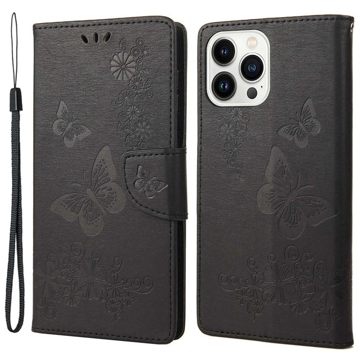 For iPhone 14 Pro Max 6.7 inch Supporting Stand PU Leather Imprinting Big Butterflies Flower Pattern Phone Cover Wallet Phone Case with Strap - Black - 1