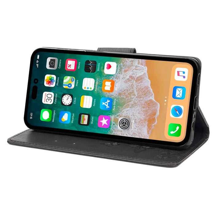 For iPhone 14 Pro Max 6.7 inch Supporting Stand PU Leather Imprinting Big Butterflies Flower Pattern Phone Cover Wallet Phone Case with Strap - Black - 3