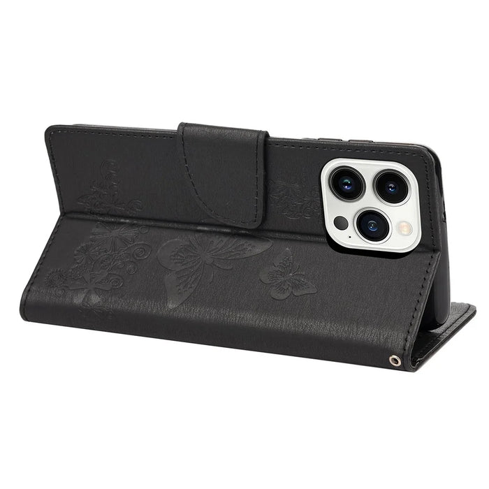 For iPhone 14 Pro Max 6.7 inch Supporting Stand PU Leather Imprinting Big Butterflies Flower Pattern Phone Cover Wallet Phone Case with Strap - Black - 4