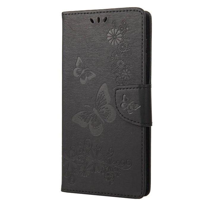 For iPhone 14 Pro Max 6.7 inch Supporting Stand PU Leather Imprinting Big Butterflies Flower Pattern Phone Cover Wallet Phone Case with Strap - Black - 6