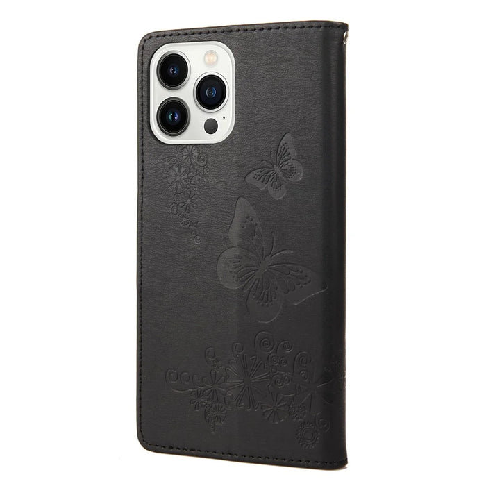 For iPhone 14 Pro Max 6.7 inch Supporting Stand PU Leather Imprinting Big Butterflies Flower Pattern Phone Cover Wallet Phone Case with Strap - Black - 7