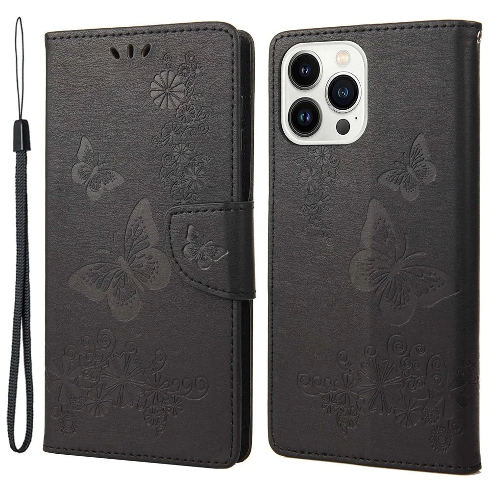 Cell Phone Case Bag for iPhone 14 Pro 6.1 inch, Big Butterflies Flower Pattern Imprinting Stand Wallet Flip Magnetic Phone Cover - Black - 1