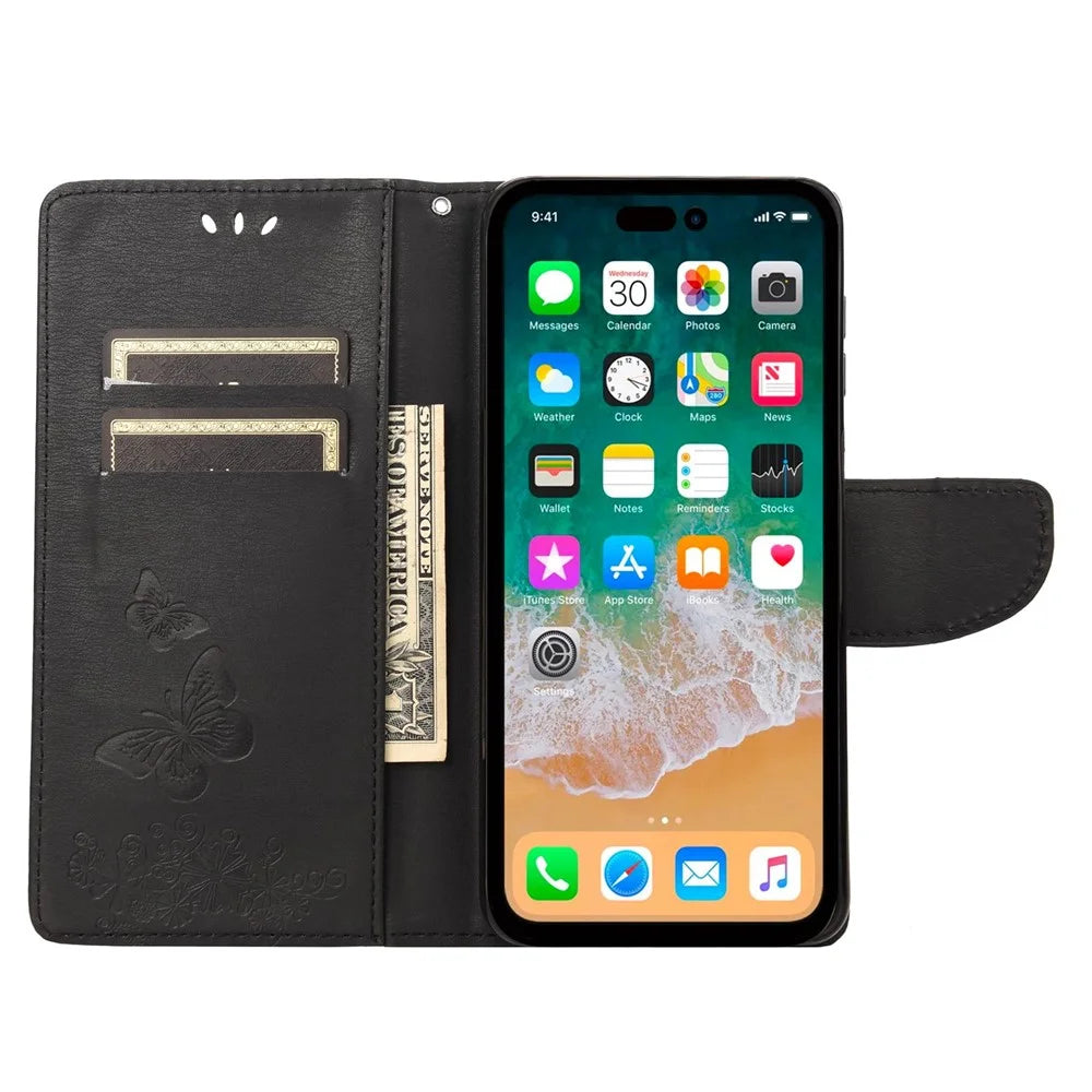 Cell Phone Case Bag for iPhone 14 Pro 6.1 inch, Big Butterflies Flower Pattern Imprinting Stand Wallet Flip Magnetic Phone Cover - Black - 2
