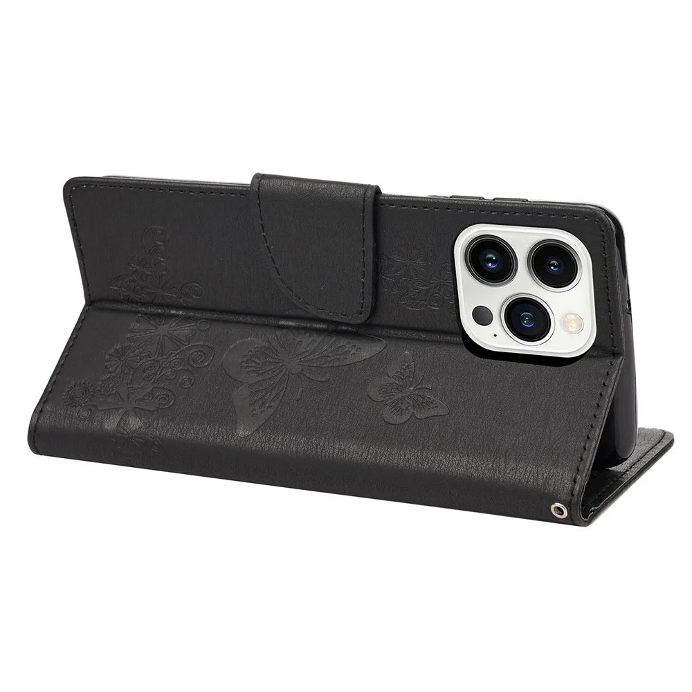 Cell Phone Case Bag for iPhone 14 Pro 6.1 inch, Big Butterflies Flower Pattern Imprinting Stand Wallet Flip Magnetic Phone Cover - Black - 4