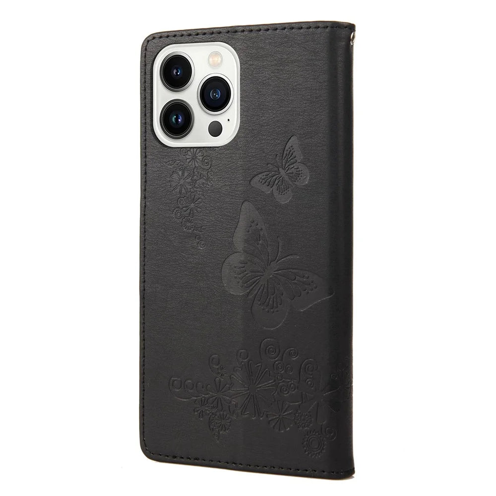 Cell Phone Case Bag for iPhone 14 Pro 6.1 inch, Big Butterflies Flower Pattern Imprinting Stand Wallet Flip Magnetic Phone Cover - Black - 7