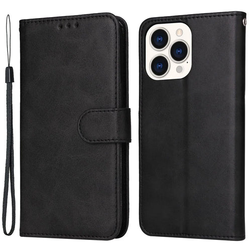 For iPhone 14 Pro Max 6.7 inch Calf Texture PU Leather Phone Full Protection Cover Magnetic Clasp Flip Stand Wallet Case - Black - 1