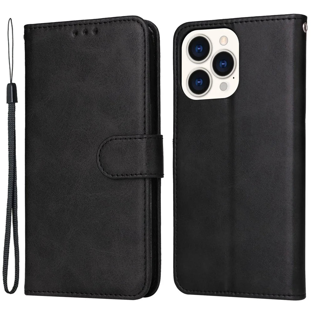 For iPhone 14 Pro Max 6.7 inch Calf Texture PU Leather Phone Full Protection Cover Magnetic Clasp Flip Stand Wallet Case - Black - 1