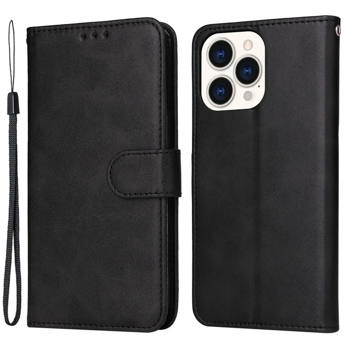 For iPhone 14 Pro Max 6.7 inch Calf Texture PU Leather Phone Full Protection Cover Magnetic Clasp Flip Stand Wallet Case - Black - 1