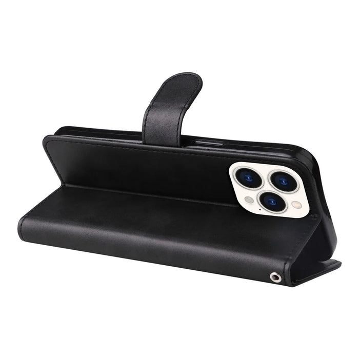 For iPhone 14 Pro Max 6.7 inch Calf Texture PU Leather Phone Full Protection Cover Magnetic Clasp Flip Stand Wallet Case - Black - 4
