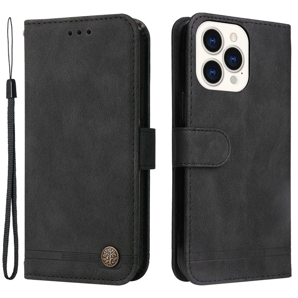 For iPhone 14 Pro Max Leather Wallet Cases Skin Touch Phone Cover Stand with Strap - Black - 1