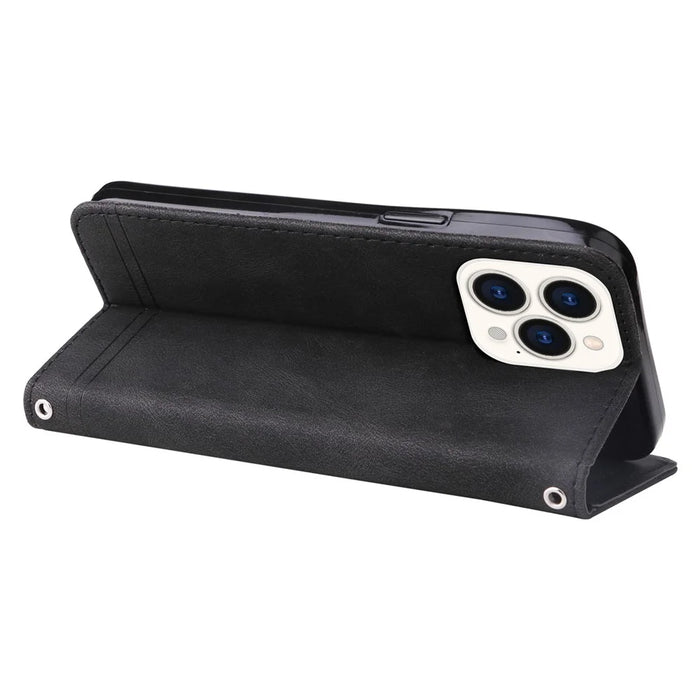 For iPhone 14 Pro Max Leather Wallet Cases Skin Touch Phone Cover Stand with Strap - Black - 5