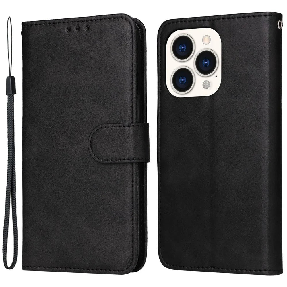 For iPhone 14 Pro 6.1 inch Calf Texture PU Leather Wallet Cover Adjustable Stand Phone Drop-proof Case - Black - 1