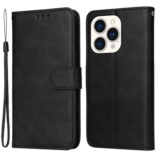For iPhone 14 Pro 6.1 inch Calf Texture PU Leather Wallet Cover Adjustable Stand Phone Drop-proof Case - Black - 1