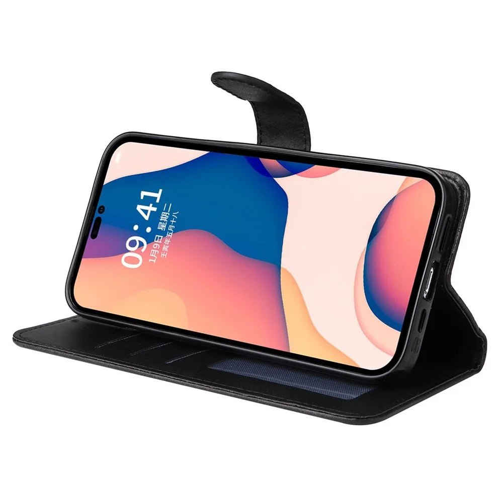 For iPhone 14 Pro 6.1 inch Calf Texture PU Leather Wallet Cover Adjustable Stand Phone Drop-proof Case - Black - 3
