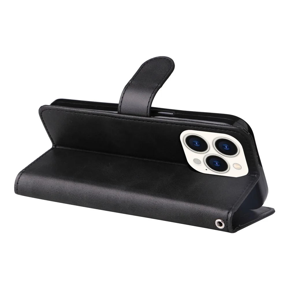 For iPhone 14 Pro 6.1 inch Calf Texture PU Leather Wallet Cover Adjustable Stand Phone Drop-proof Case - Black - 4