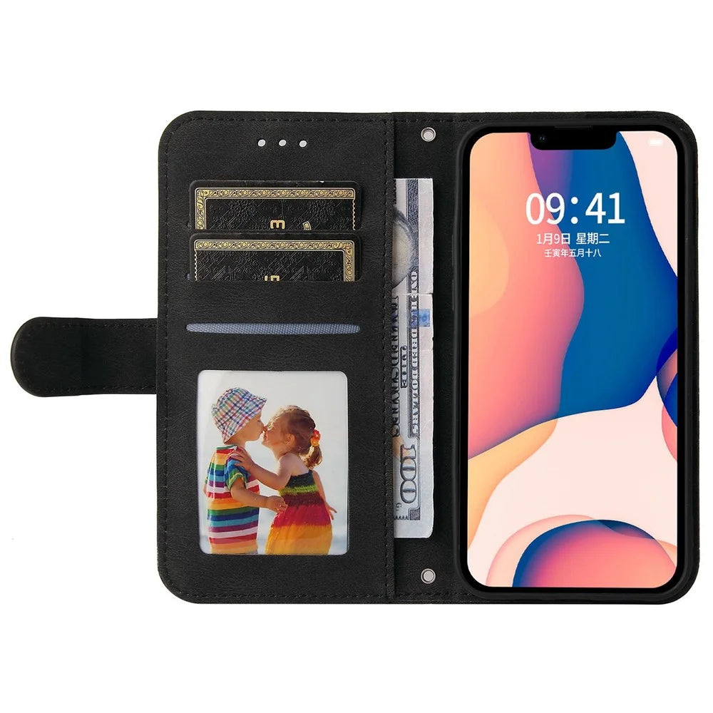 For iPhone 14 Plus Leather Wallet Cases Skin Touch Phone Cover Stand with Strap - Black - 2