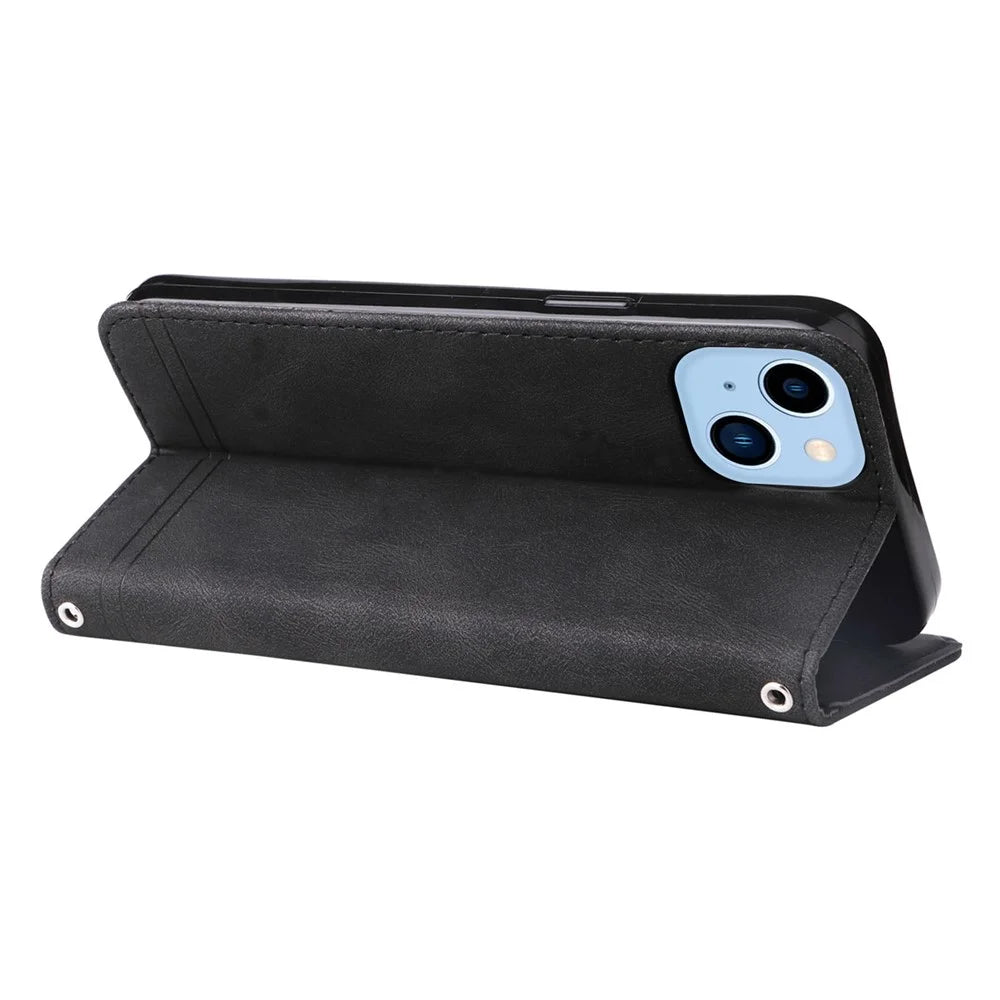 For iPhone 14 Plus Leather Wallet Cases Skin Touch Phone Cover Stand with Strap - Black - 5