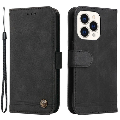 For iPhone 14 Pro Leather Wallet Cases Skin Touch Phone Cover Stand with Strap - Black - 1