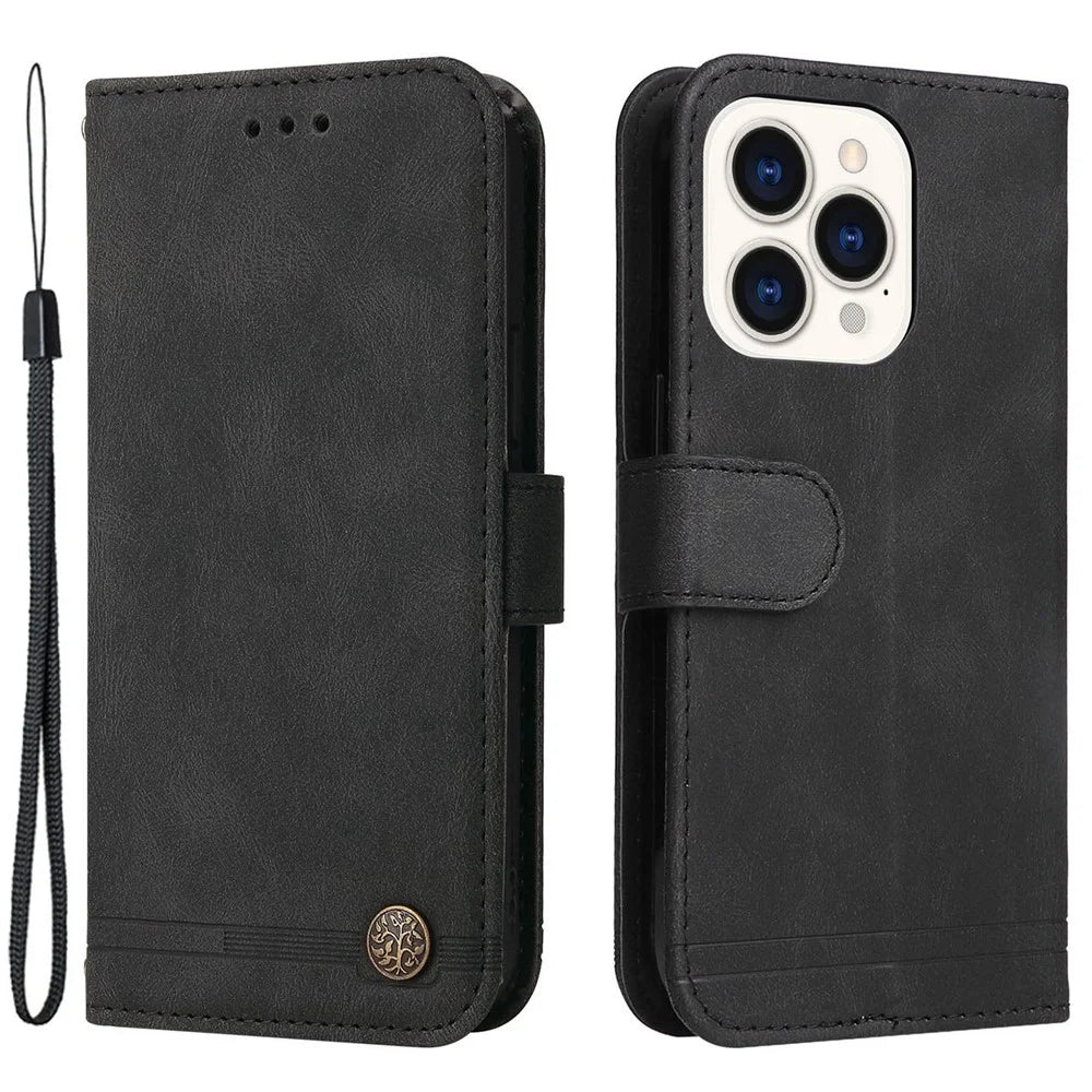 For iPhone 14 Pro Leather Wallet Cases Skin Touch Phone Cover Stand with Strap - Black - 1