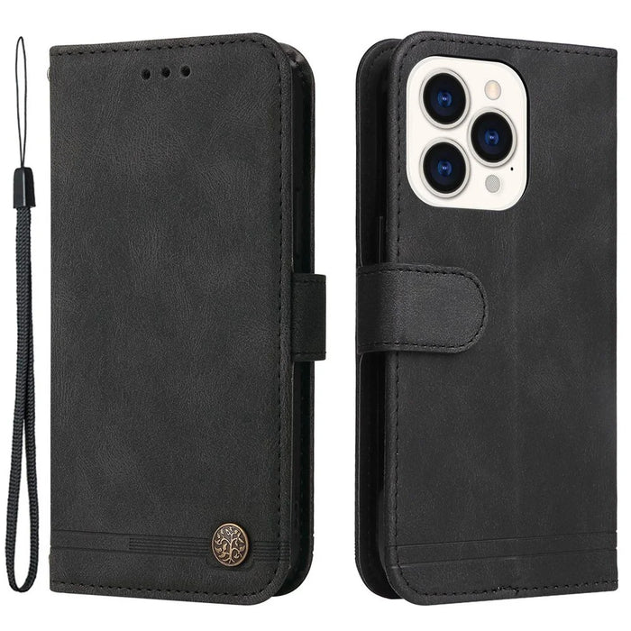 For iPhone 14 Pro Leather Wallet Cases Skin Touch Phone Cover Stand with Strap - Black - 1