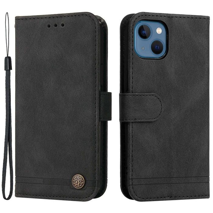 For iPhone 14 Leather Wallet Cases Skin Touch Phone Cover Stand with Strap - Black - 1