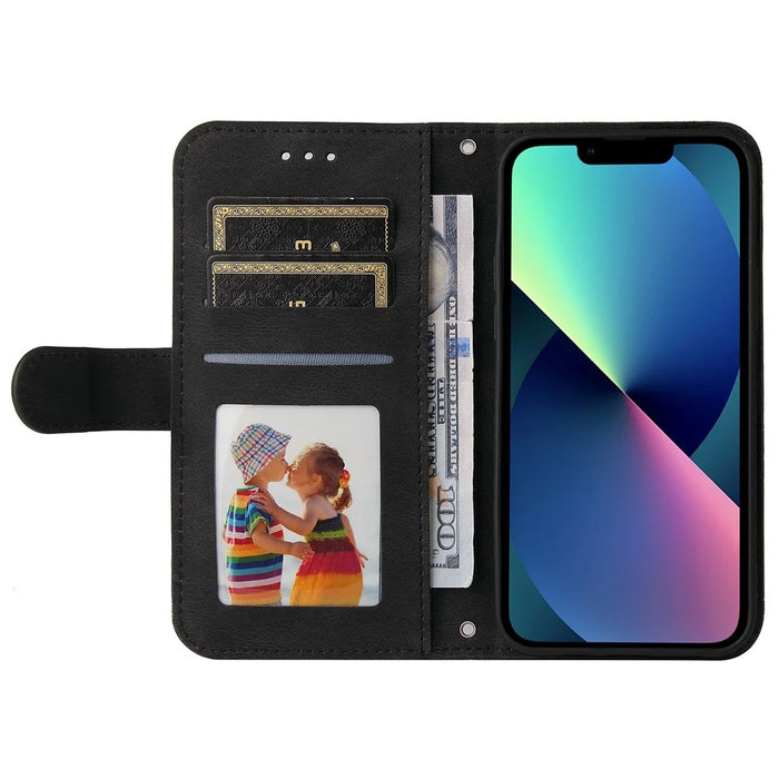For iPhone 14 Leather Wallet Cases Skin Touch Phone Cover Stand with Strap - Black - 2