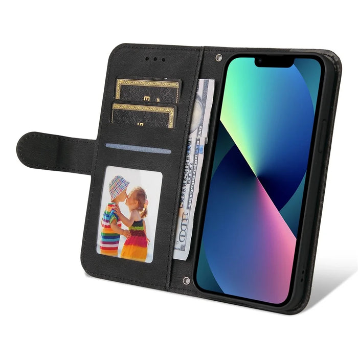 For iPhone 14 Leather Wallet Cases Skin Touch Phone Cover Stand with Strap - Black - 3