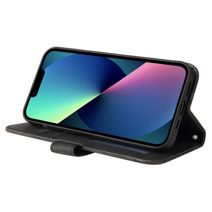 For iPhone 14 Leather Wallet Cases Skin Touch Phone Cover Stand with Strap - Black - 4