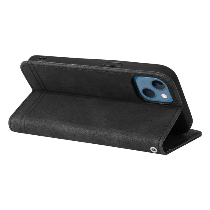 For iPhone 14 Leather Wallet Cases Skin Touch Phone Cover Stand with Strap - Black - 5
