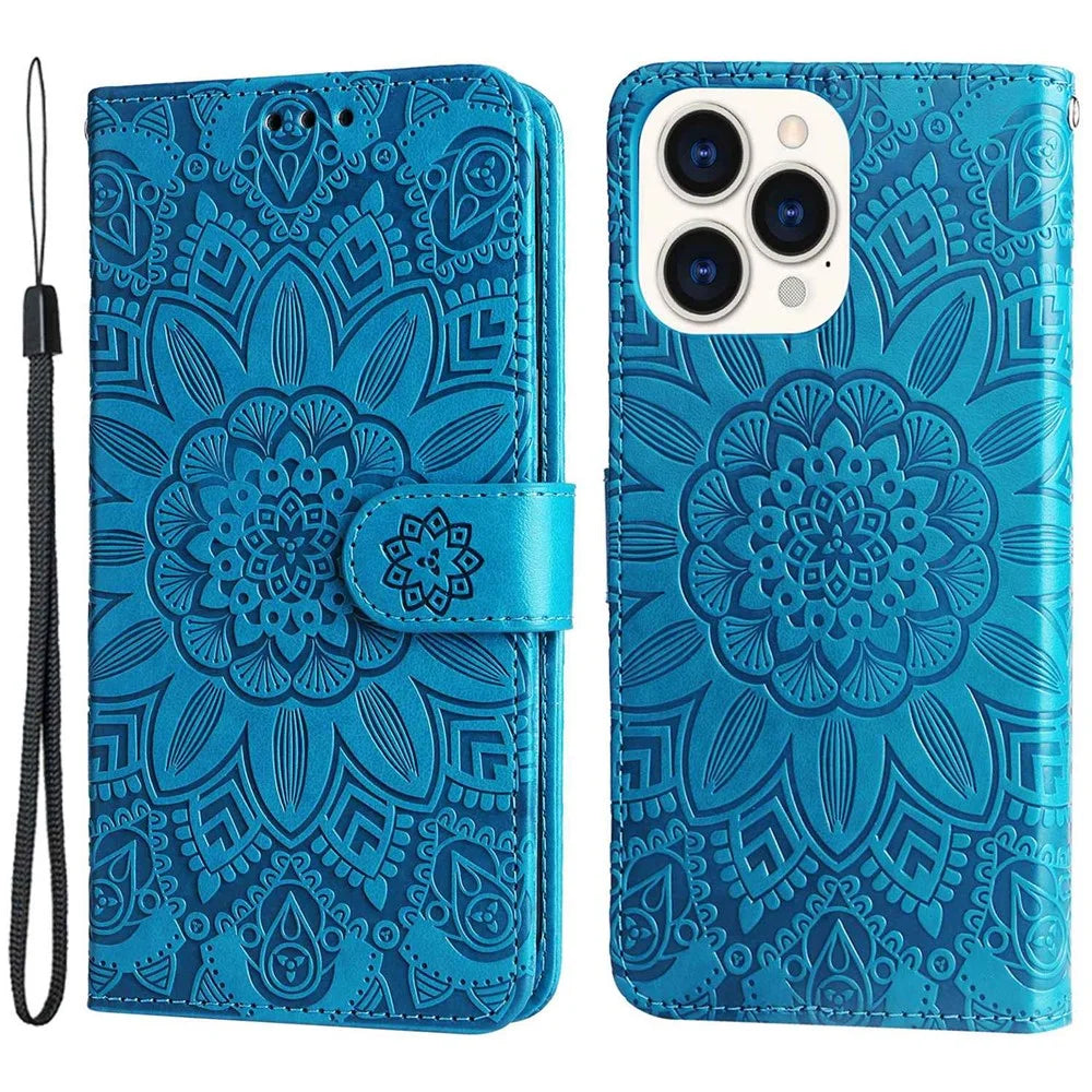 For iPhone 14 Pro Max 6.7 inch PU Leather Sunflower Imprinting Protective Case Flip Stand Wallet Mobile Phone Cover with Strap - Blue - 1