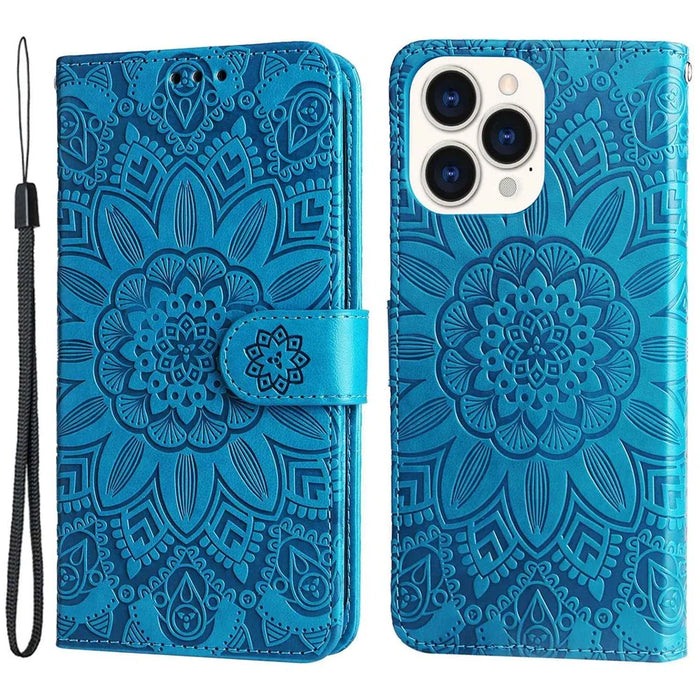 For iPhone 14 Pro Max 6.7 inch PU Leather Sunflower Imprinting Protective Case Flip Stand Wallet Mobile Phone Cover with Strap - Blue - 1