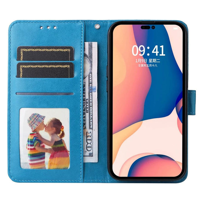 For iPhone 14 Pro Max 6.7 inch PU Leather Sunflower Imprinting Protective Case Flip Stand Wallet Mobile Phone Cover with Strap - Blue - 2