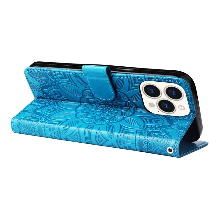 For iPhone 14 Pro Max 6.7 inch PU Leather Sunflower Imprinting Protective Case Flip Stand Wallet Mobile Phone Cover with Strap - Blue - 4