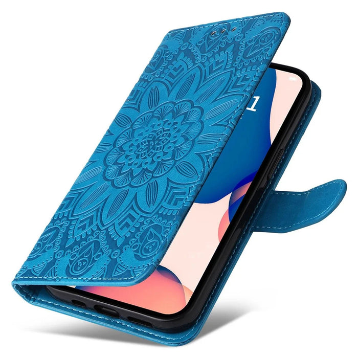 For iPhone 14 Pro Max 6.7 inch PU Leather Sunflower Imprinting Protective Case Flip Stand Wallet Mobile Phone Cover with Strap - Blue - 5