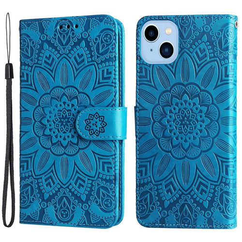 For iPhone 14 Plus Sunflower Imprinting Magnetic Clasp Case PU Leather Phone Stand Wallet Protective Cover with Strap - Blue - 1