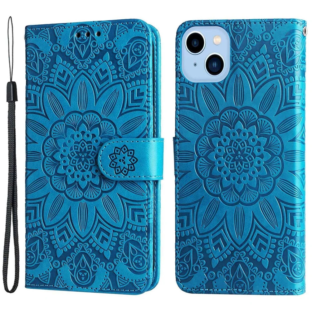 For iPhone 14 Plus Sunflower Imprinting Magnetic Clasp Case PU Leather Phone Stand Wallet Protective Cover with Strap - Blue - 1